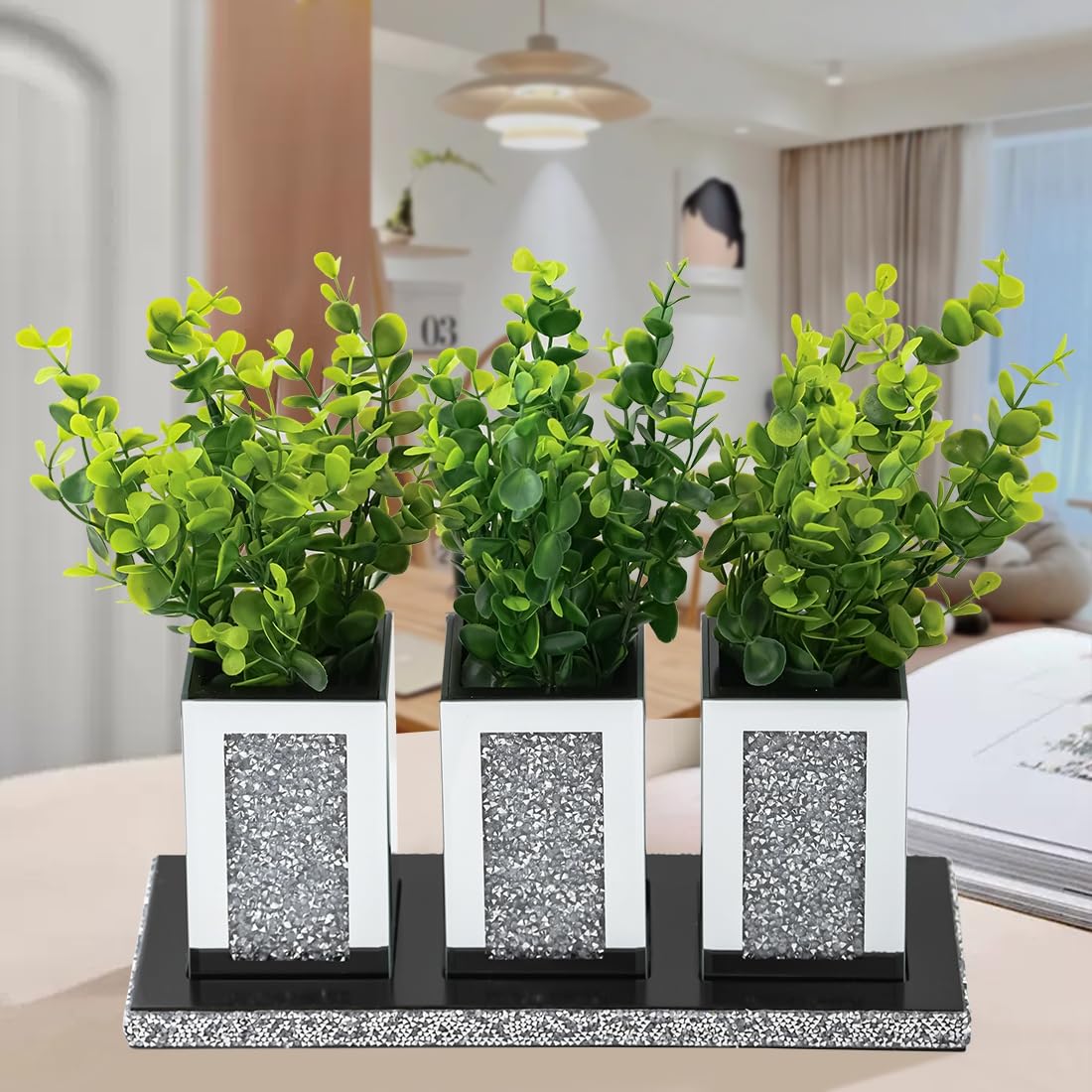 Pibeyer Crystal Crush Diamond Jar Table Centerpiece Decorations for Dining Room, Coffee Table Decor Wooden Tray with 3 Mirrored Jars Artificial Plants for Kitchen, Living Room, Home Décor