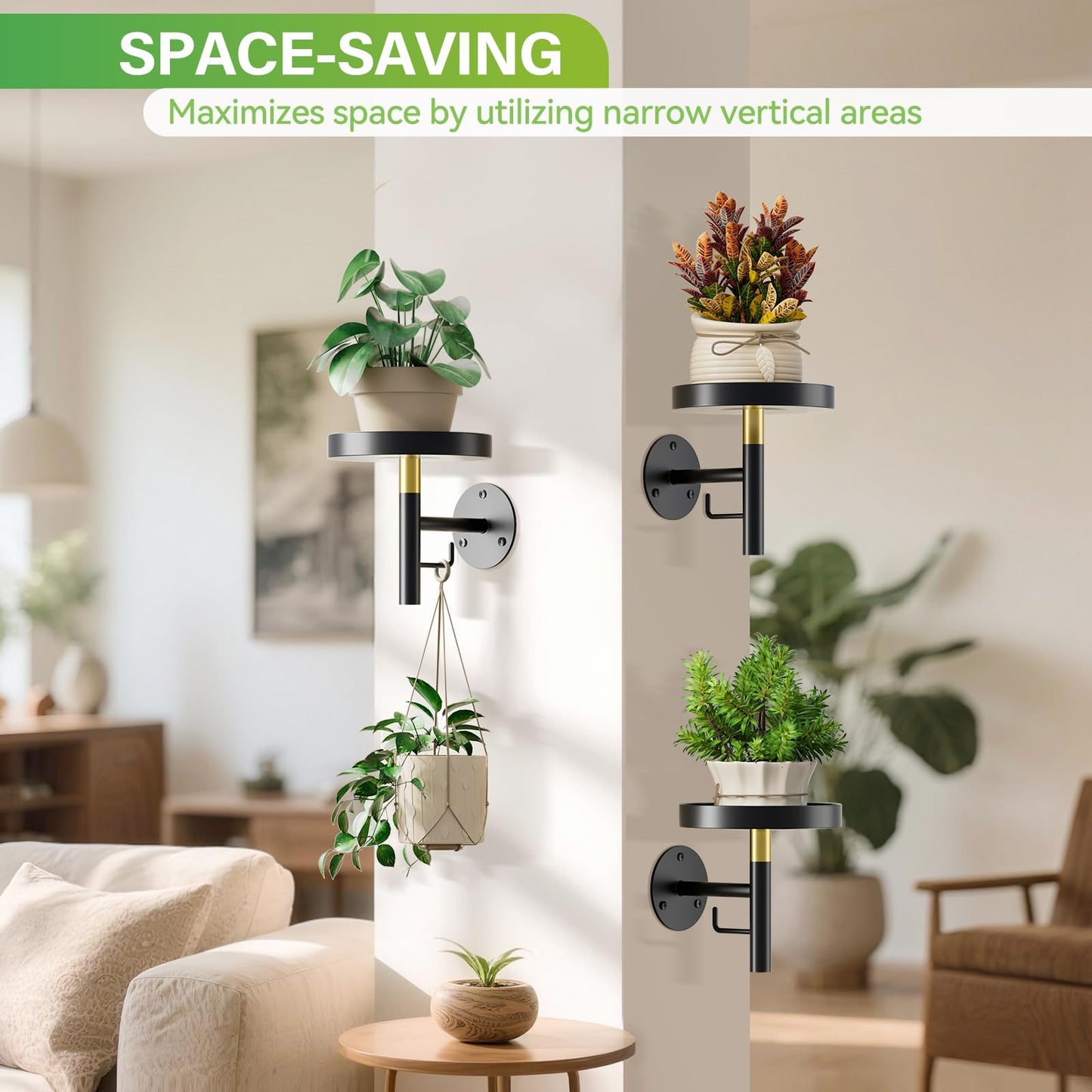 DELLAN Wall Plant Holder, 3 Pack Metal Wall Planters Stand Hanging Shelves for Indoor Plants, Window Sill Plant Decor for Bedroom, Bathroom, Living Room, Home, Office, BlackGold
