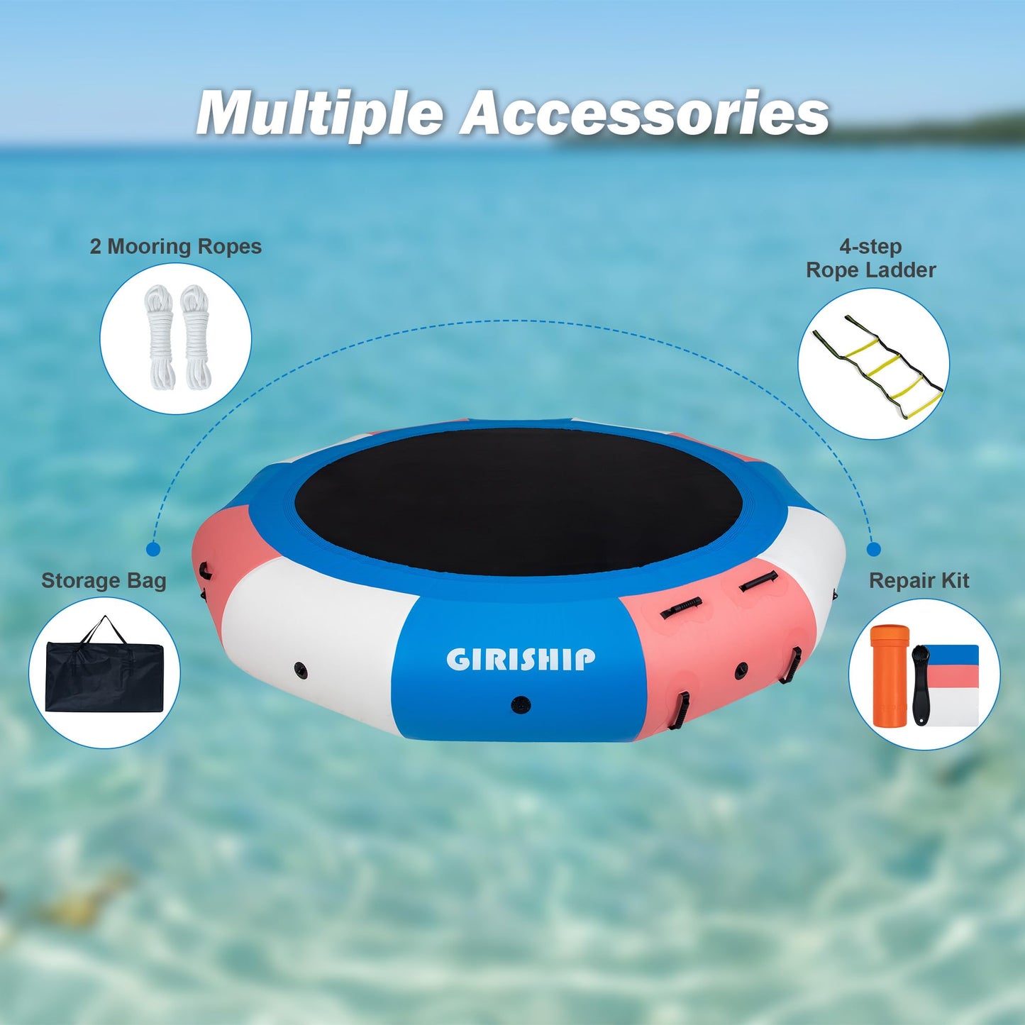 GIRISHIP Inflatable Water Trampoline for Lake, Floating Lake Trampoline for Adults, 8/10/12/15FT Heavy Duty Water Swim Platform for Lake Ocean with Ladder & Ropes (No Pump)