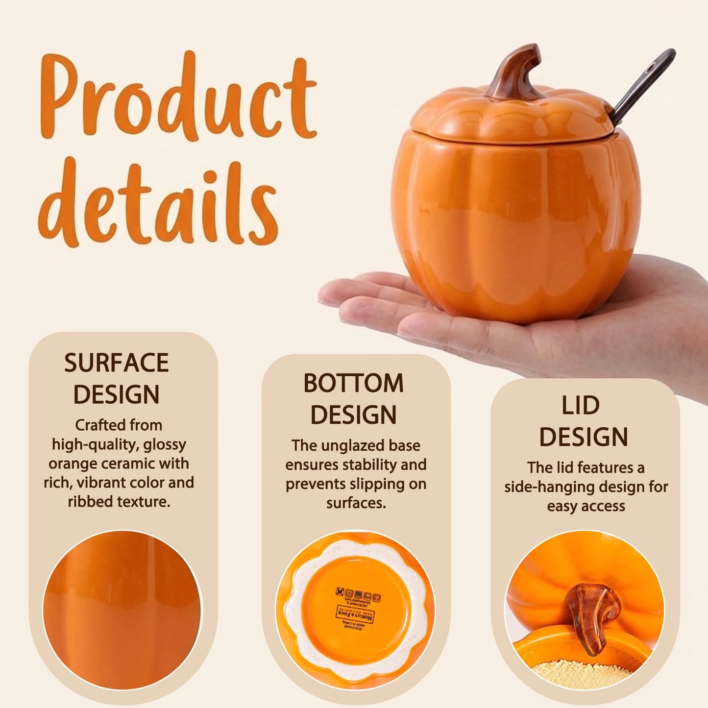 FTNESGYM Ceramic Salt Cellar with Lid and Spoon, 13.5oz Cute Pumpkin Shaped Spice Jar for Sugar, Salt, Spice, Decorative Spice Container for Fall Harvest & Halloween & Thanksgiving (Pumpkin)
