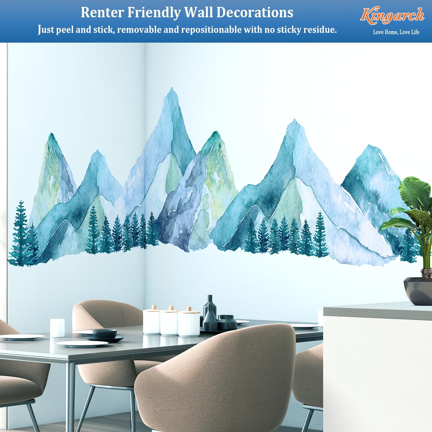 Large Mountain Wall Decals, Blue Pine Tree Peel and Stick Vinyl Wall Stickers & Murals, Removable Home Room Wall Decor for Bedroom Living Room Bedroom Classroom Office Nursery