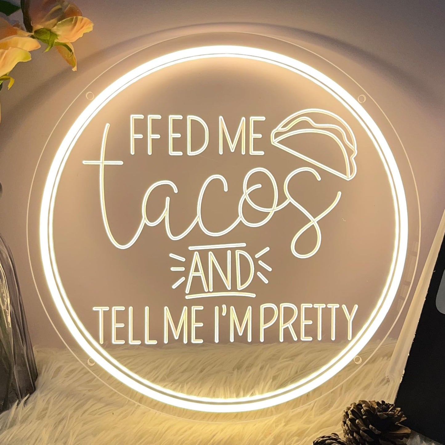 Neon Sign Feed Me Tacos and Tell Me I’m Pretty For Wall Decor 3D Art Carving Design Indoor Bedroom Led Neon Sign Backdrop Flex Christmas Business Room Shop Window Birthday Gift(Warm White,USB,30×30CM)