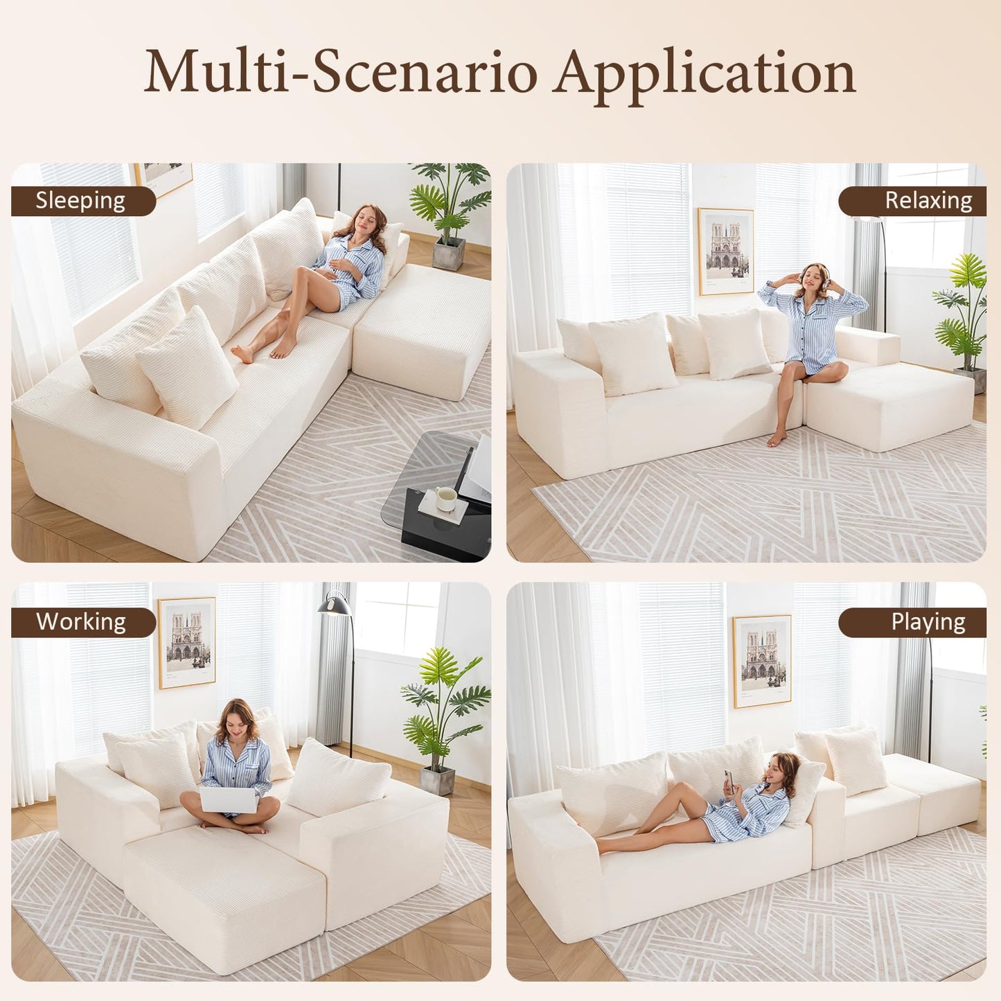 INGEROOM 108" Cloud Sectional Couch with L-Shape Chaise, Modular Sofa Memory Foam, Boneless Sofa with Movable Ottoman, Upholstered Couches for Living Room Bedroom, No Assembly Required, Beige