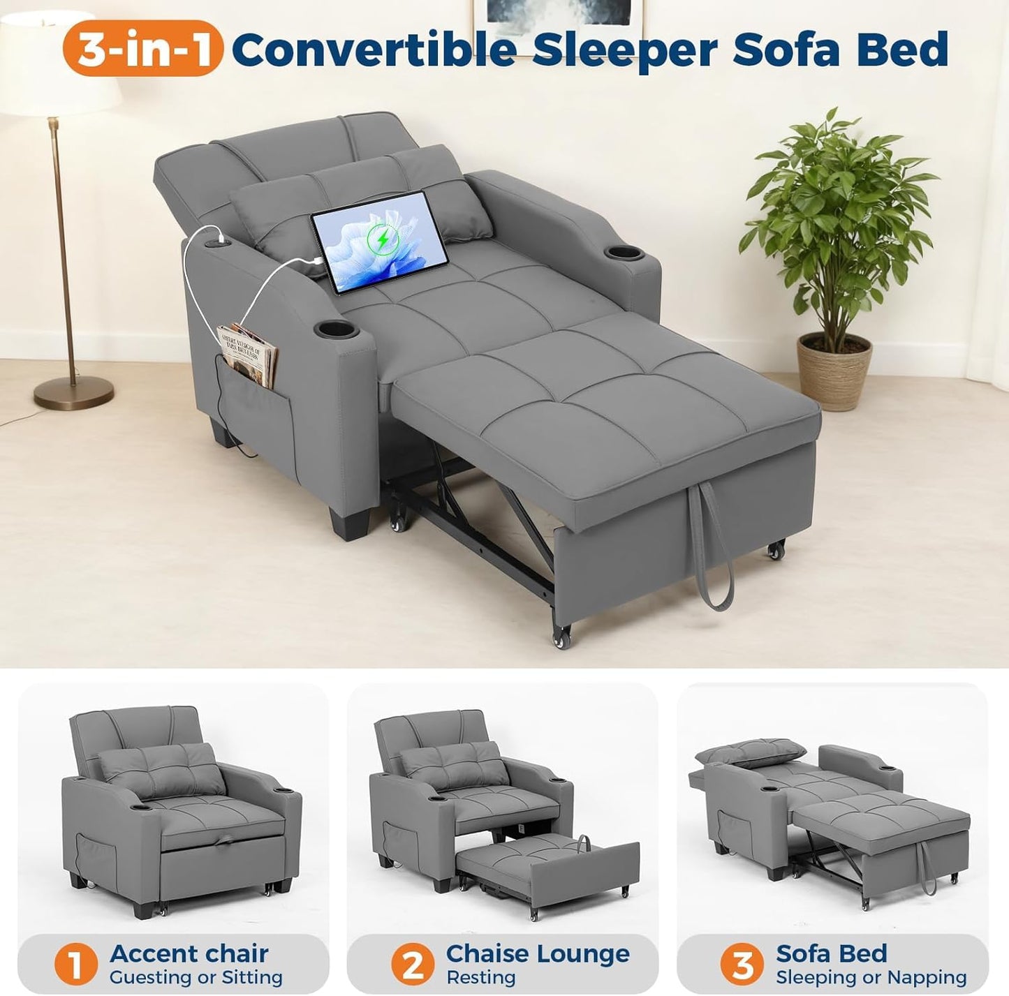 Sleeper Chair Pull Out Bed, 4 in 1 Convertible Sofa Chair Bed with Vibration Massage Lumbar Pillow, Single Sofa Recliner with USB/Type-C Port, Cup Holders and Side Pocket for Small Spaces (Grey)
