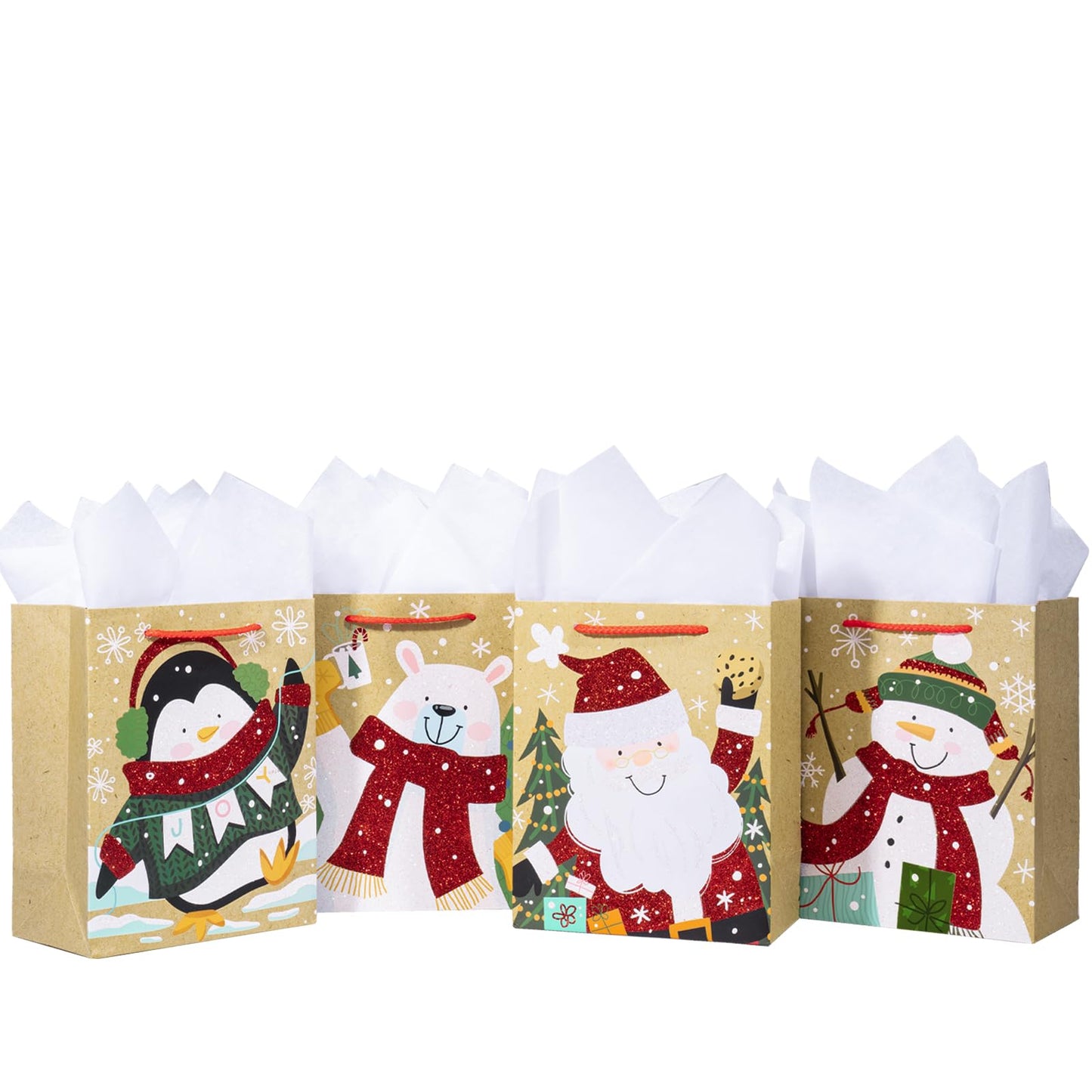 Loveinside Christmas Gift Bags Set, Glitter Foil Santa, Penguin, Snowman & Polar Bear Design, Medium Size Bags with Handle, Tissue Paper for Christmas Gifts & Party Favors, 4 Pack, 7" X 4" X 9"
