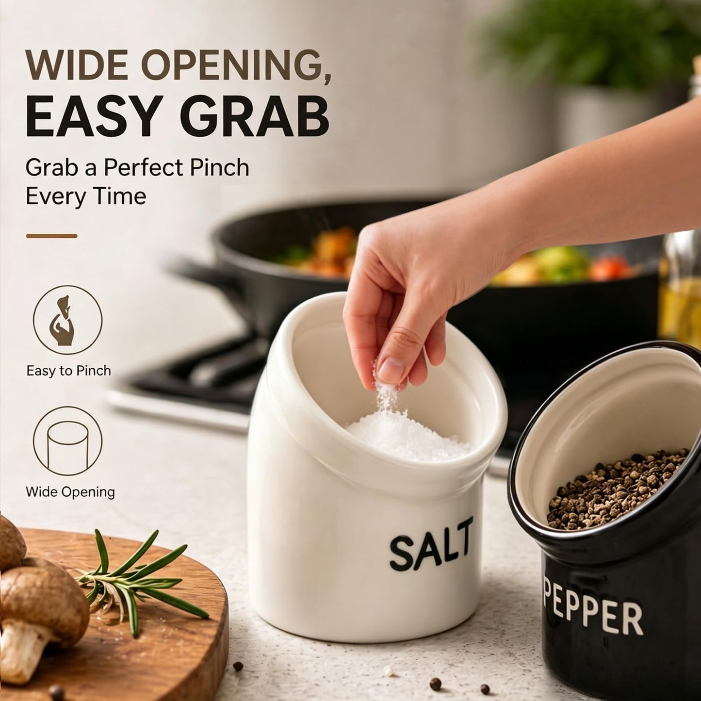 2 Pcs 12 oz Ceramic Salt Pig and Pepper Crock Wide Caliber Salt Pig Pepper Spice Jar Easy Access Containers for for One-hand Use Kitchen Countertop Spices Decor