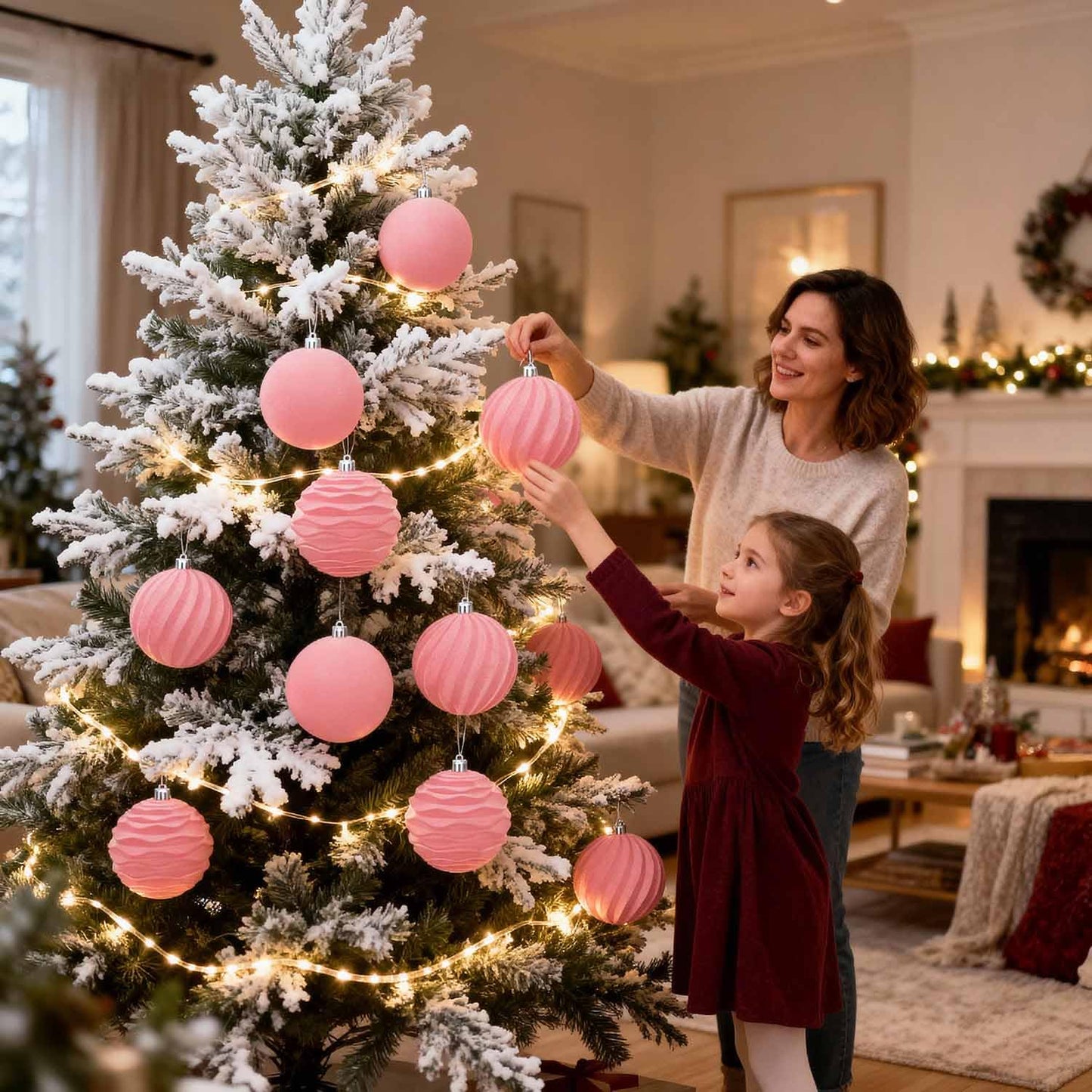 Artmag 4 PCS Large Velvet Christmas Balls Ornaments Shatterproof Hanging Set Flocked for Xmas Tree Holiday Party Decorations (Pink,4 Inch)