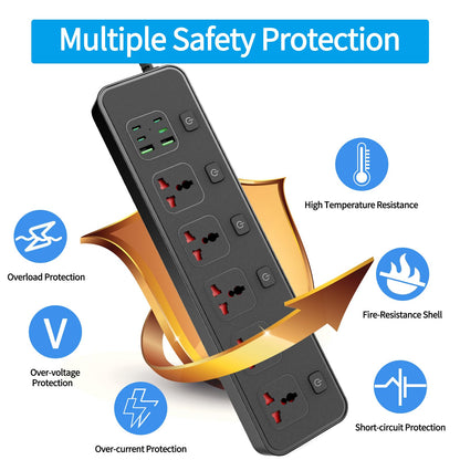 Flat Plug Power Strip with Individual Swtich, Jumpso 6ft Universal Extension Cord with 5 Outlets and 2 USB 4 USB C Ports, Max 3000w, 110-240v, Multiple Outlets Plug Adapter for Office Travel