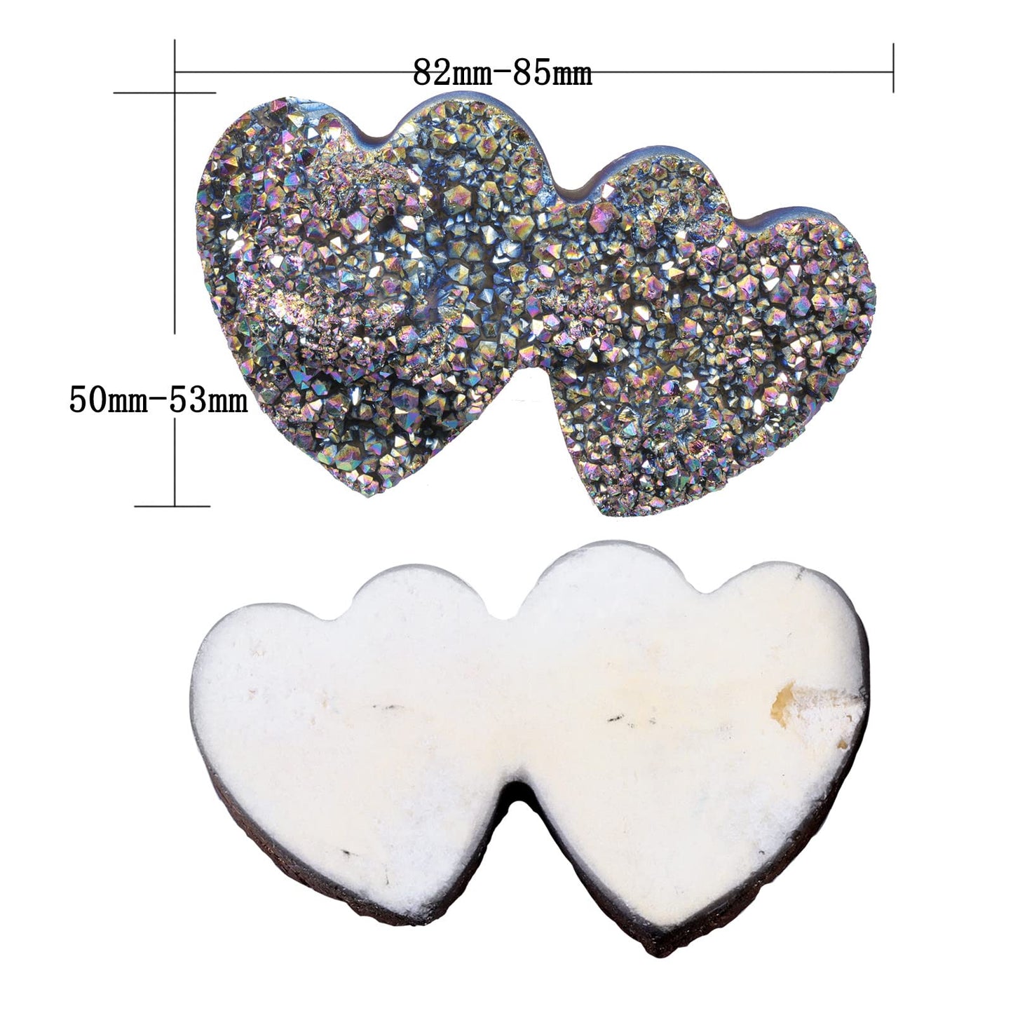 Rockcloud Double Heart Shape Titanium Coated Crystal Quartz, Natural Cluster Druzy Geode Figurine Mineral Specimen for Home Office Wedding Decor, Rainbow