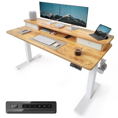 TENKIA 55x24 Inch Electric Standing Desk with Double Drawers, Adjustable Feet & Hooks, Ergonomic Home Office Workstation, Light Rustic