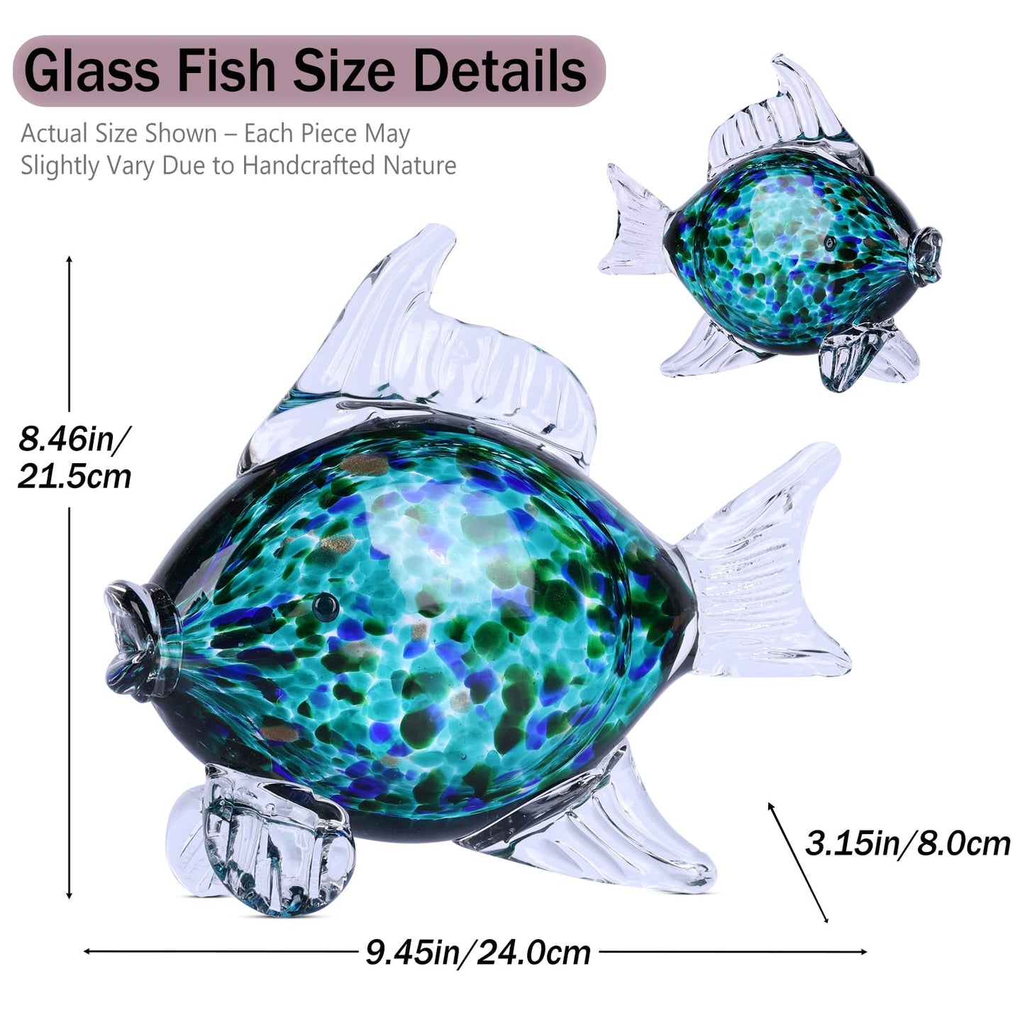 LINYTHER Large Glass Fish Figurine for Home Decor, Hand Blown Art Glass Ocean Animal Statue, Decorative Coastal and Beach Themed Sculpture for Table, Shelf, Bathroom, Living Room or Office