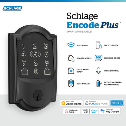 Schlage BE499WB CAM 619 Encode Plus WiFi Deadbolt Smart Lock, Keyless Entry Touchscreen Door Lock with Camelot Trim, Satin Nickel