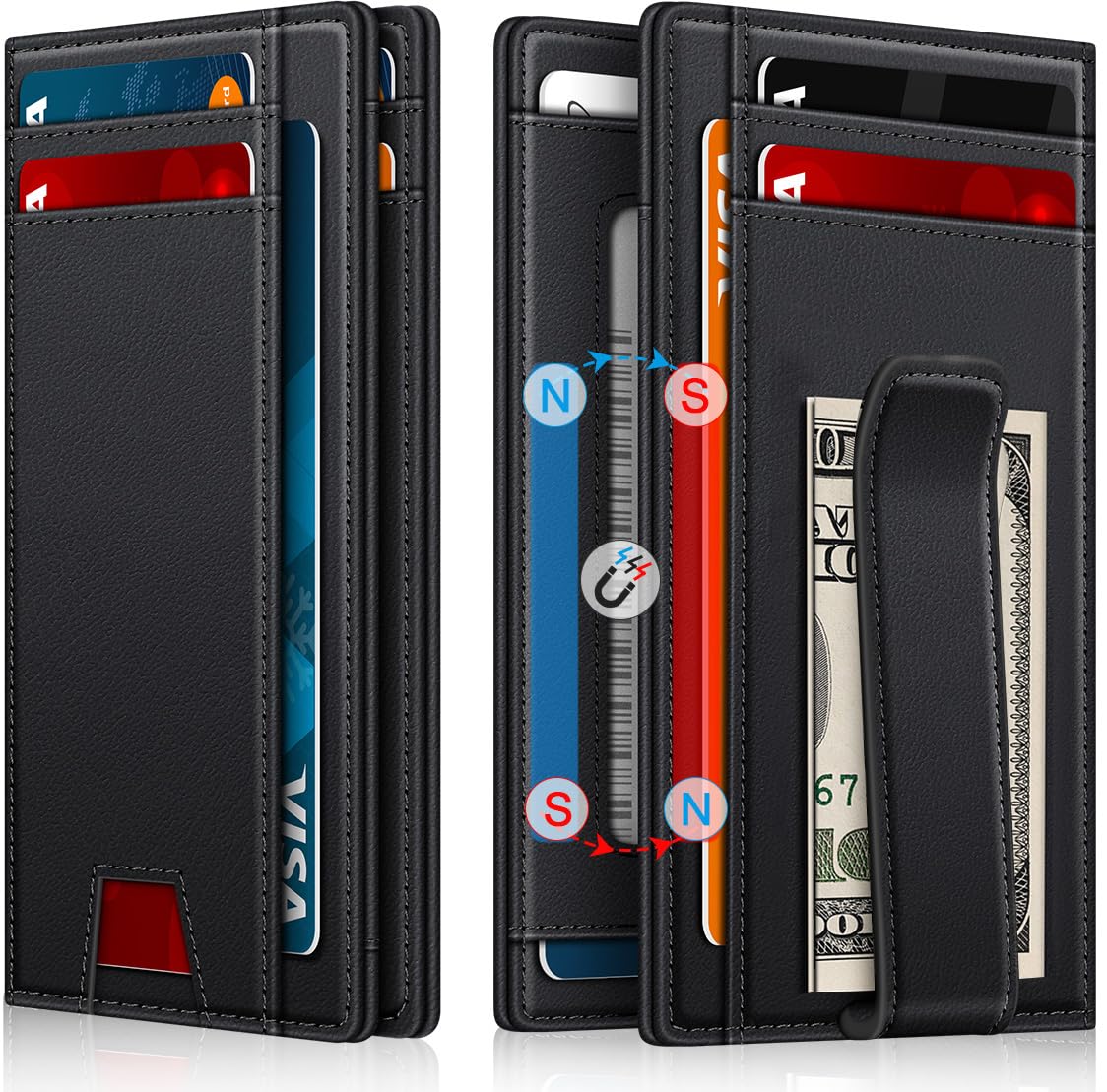 Wallet for Men 14-16 Cards, Minimalist Men Leather Wallet, Men's Front Pocket Bifold Wallets with Money Clip, Slim Thin Card Holder RFID Blocking Bill Folder & Magnetic Closure, Gifts for Men, Black