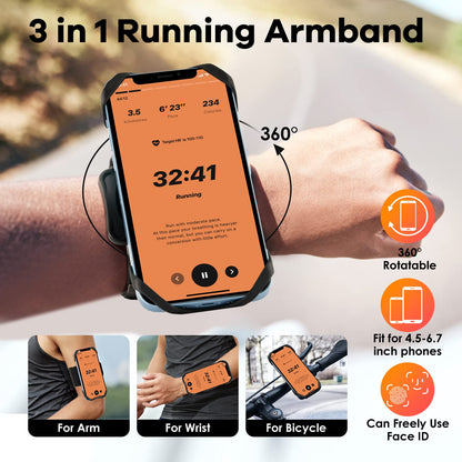 Cikyner Running Armband, Upgraded 3 in 1 Running Phone Holder Sports Armband Bicycle Phone Holder 360° Rotatable & Detachable Running Phone Armband for 4.5-7'' iPhone for Gym Running Hiking