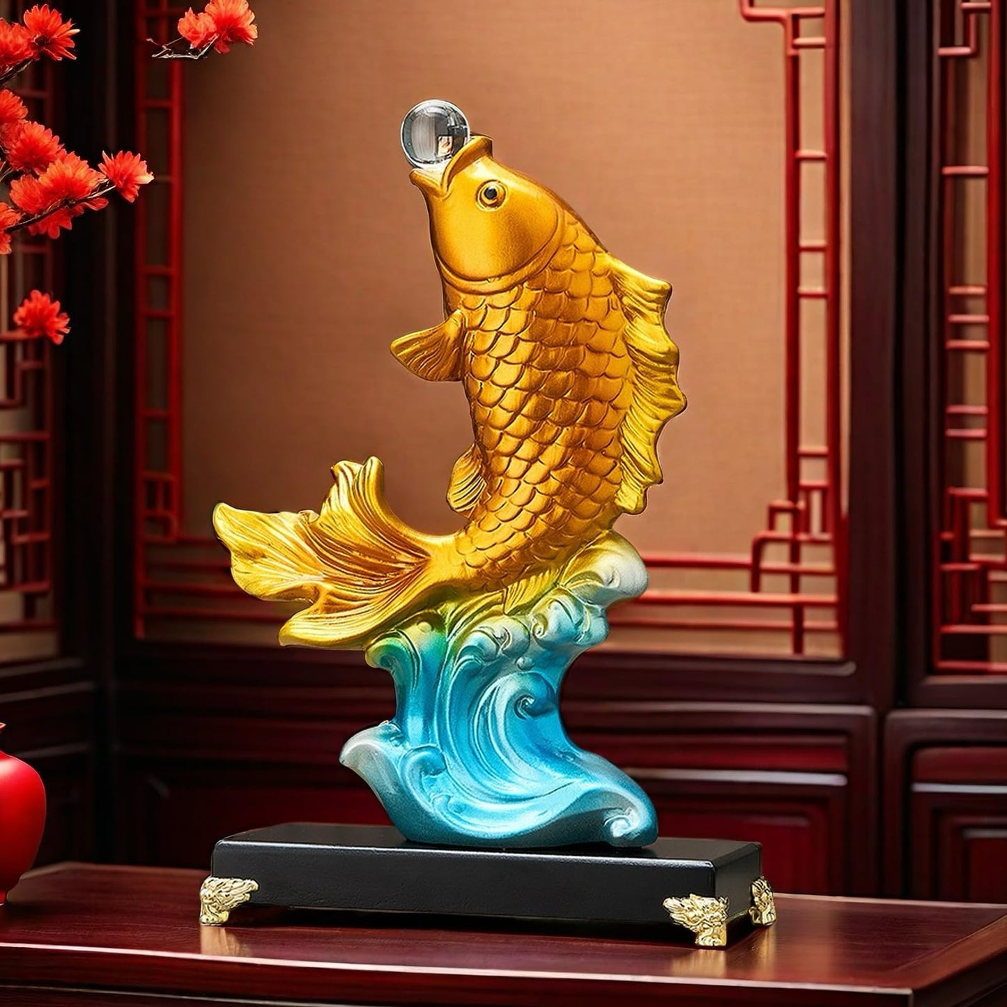 FUNSXBUG 13.3 Inch Large Chinese Feng Shui Fish Statue Sculpture Collectible Figurine Feng Shui Decor Home Office Decoration Tabletop Decor Ornaments Good Lucky Gifts (Gold)