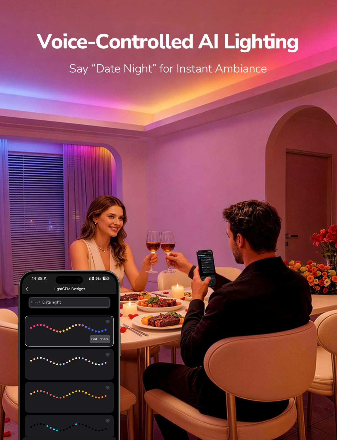 Lepro S1 AI LED Strip Lights for Bedroom - 50ft Smart RGB Light Strips with IC and Rainbow Chasing Effects, Color Segment DIY, Personalized Al Lighting Designer, No Remote, 2.4G Wi-Fi & Bluetooth