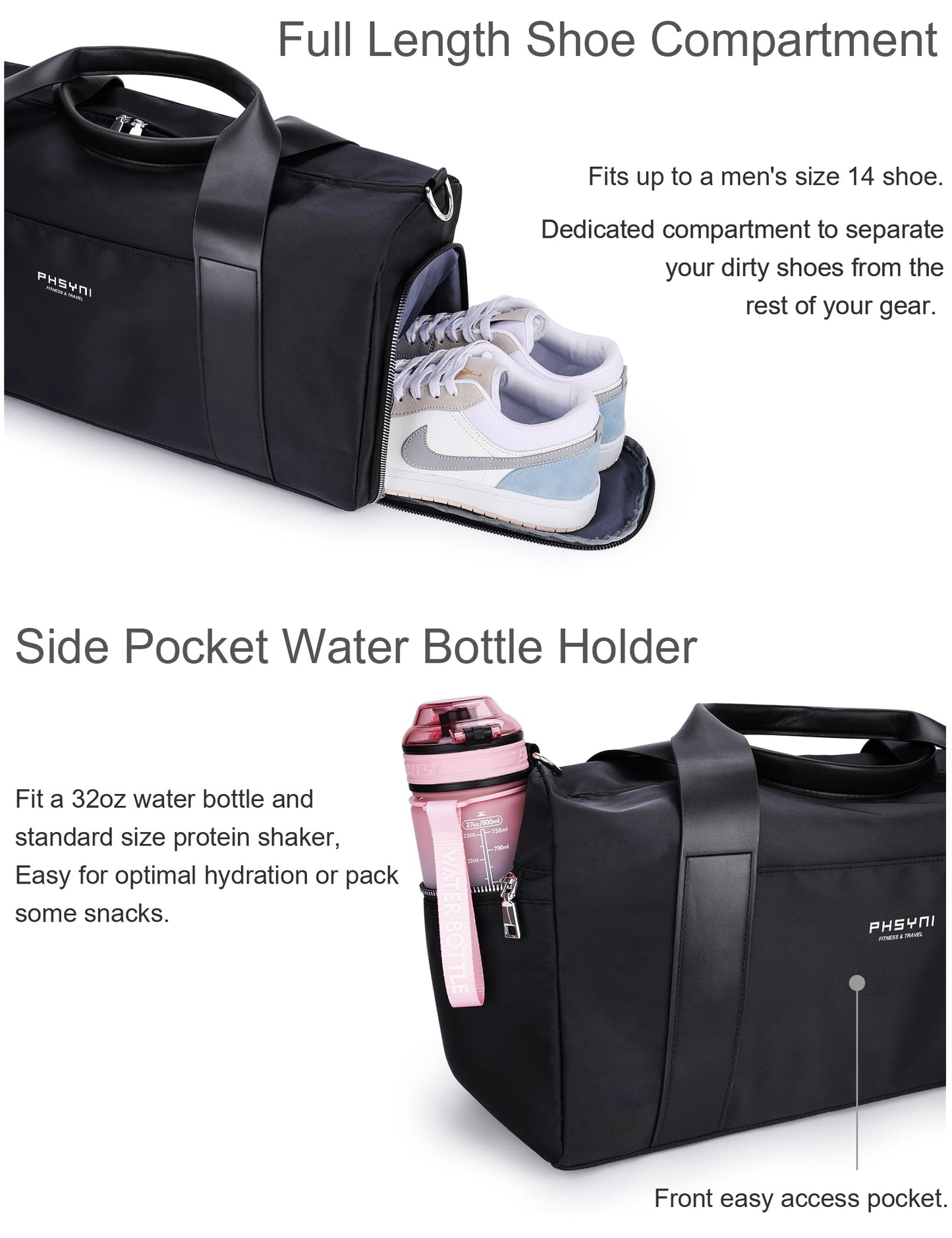 PHSYNI Gym Bag for Women with Shoe Compartment & Wet Pocket - Duffle Bag for Travel Sports Fitness Workout Athletic, 19“-Medium, Black
