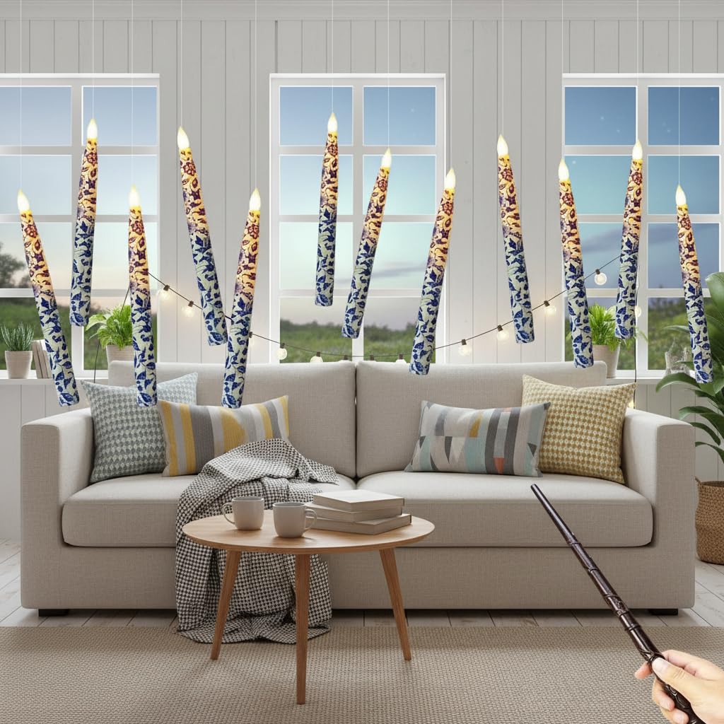 Blue and White Flameless Taper Candle 12 Pack Floral LED Magic Hanging Candle Battery Operated Floating Candles Floating Candles with Wand Remote Timer for Mother's Day Home Wedding Garden Party Decor