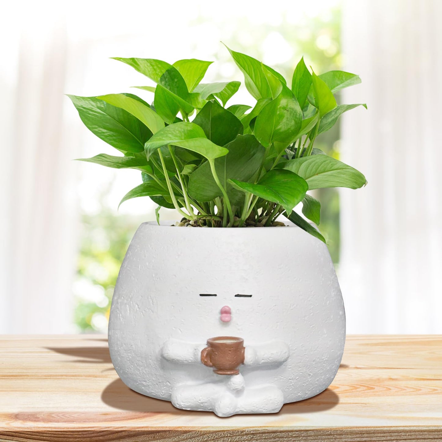 Toparad Smily Face Planter Pot with Coffee Cup Cute Resin Flower Head Planters for Indoor Outdoor Unique Sit Succulent Pots with Drainage Hole Gift IdeaI for Mother Christmas (White)