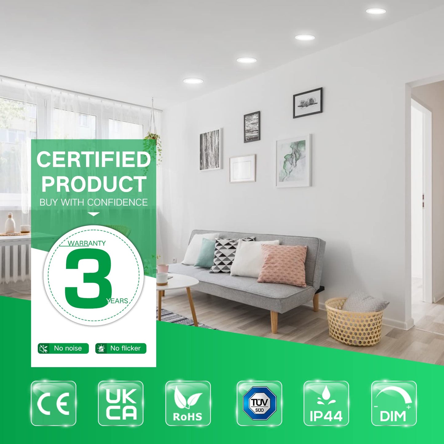 ALUSSO LED Downlights Dimmable 7W IP44 Slim Recessed Ceiling Lights, 3CCT 3000K Warm 4000K Neutral 6500K Cool Adjustable Bathroom Spotlights, White, 6 Pack
