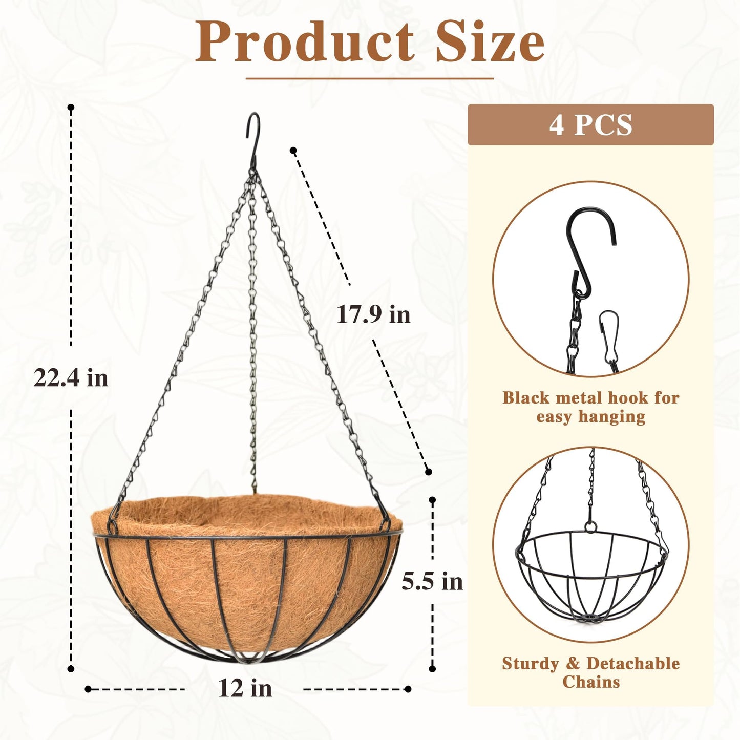 4 Pack Hanging Planter for Outdoor Plants 12 inch Metal Hanging Flower Basket with Coco Coir Liner Round Wire Plant Holder Chain Flower Pots Outdoor Garden Decoration Watering Hanging Baskets(XG)