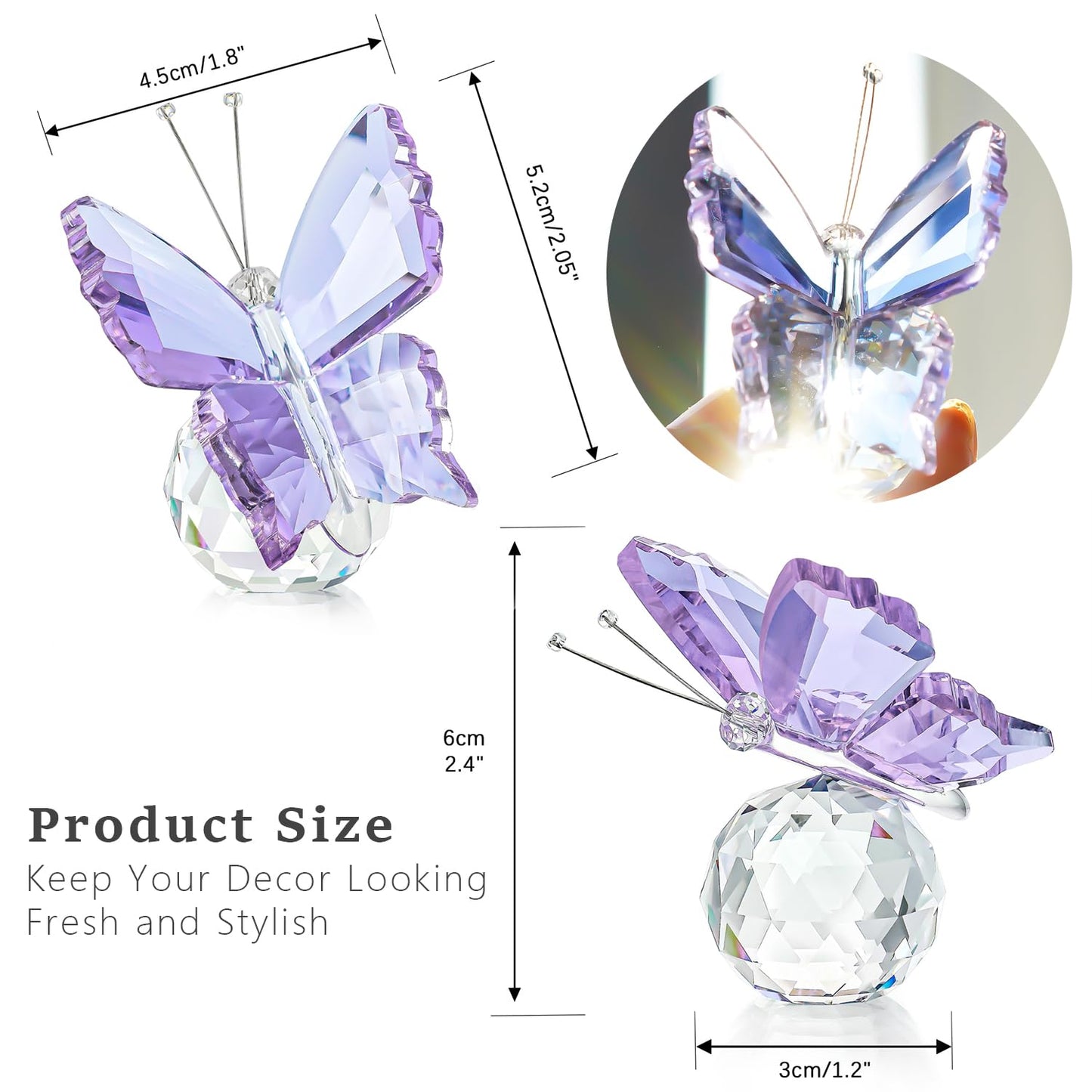 kanpura 2 Pcs Crystal Butterfly Figurines with Glass Ball Base,Glass Butterfly Statues, Crystal Animal Figurines for Home Christmas Decor(Purple)