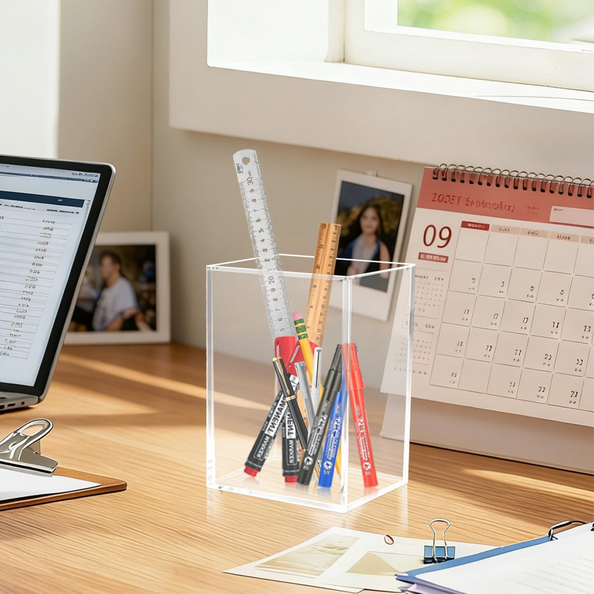 Oubou Acrylic Pen Holder, Clear Pencil Holder Organizer for Desk, Desktop Stationery Storage Cup for Office & Makeup Brushes 3.9''x5.4''x7.4''
