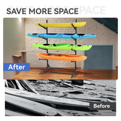 RDCMKL Freestanding Kayak Storage Rack, Heavy Duty Adjustable Stand for Kayaks, SUPs, Paddleboards, Canoes, Weatherproof, Indoor Outdoor, 400 LBS Capacity (4 Levels)