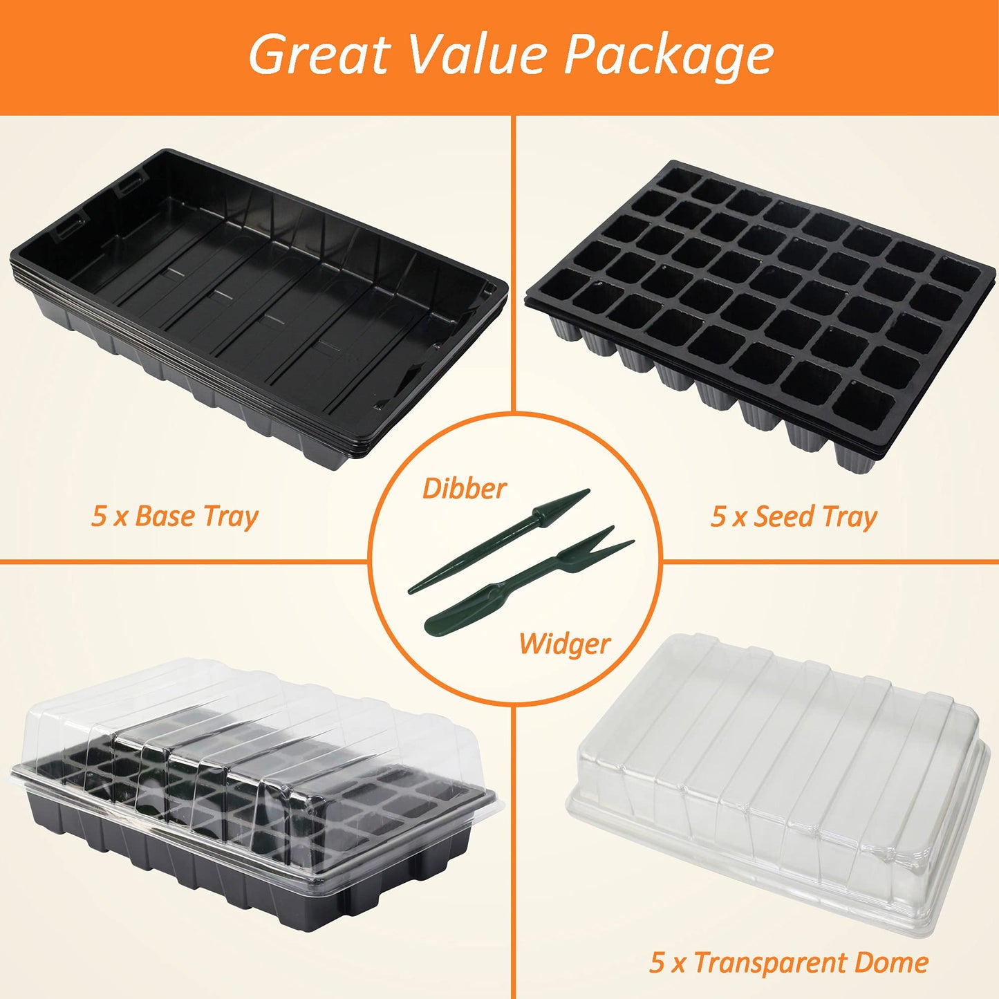 Gardzen 10-Pack 10 Gallon Grow Bags, Aeration Fabric Pots with 5-Set Garden Propagator Set, Seed Starter Tray 15" x 9" (40-Cell Per Tray)