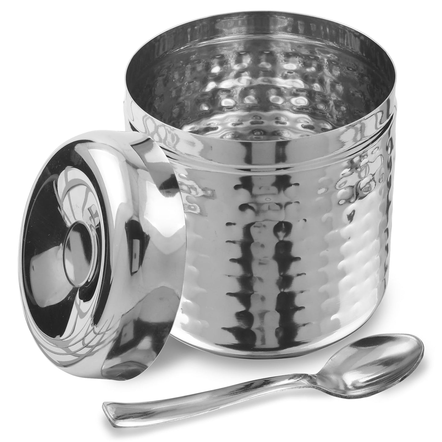 CRAFTONE Stainless Steel Hammered Containers Set of 3 with Spoon, Ideal for Tea, Coffee, Sugar, Masala Storage Sugar Container with Lid for Salt, Coffee, Dishwasher Safe (10 Oz, 15 Oz, 20 Oz)