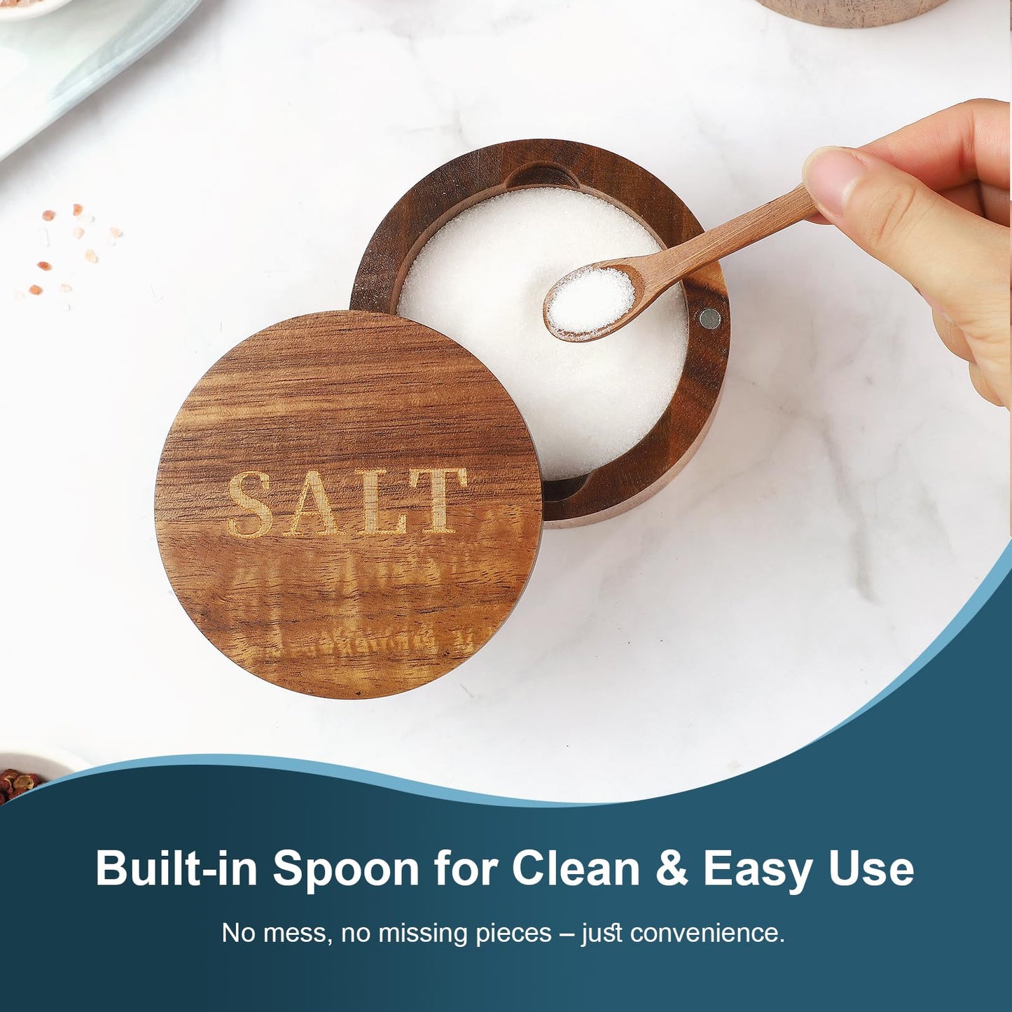 Timtopno Bamboo Salt Cellar & Acacia Wood Salt and Pepper Container Set with Built-in Spoon and Swivel Lid – Elegant Dual Salt Box Collection for Countertop Storage