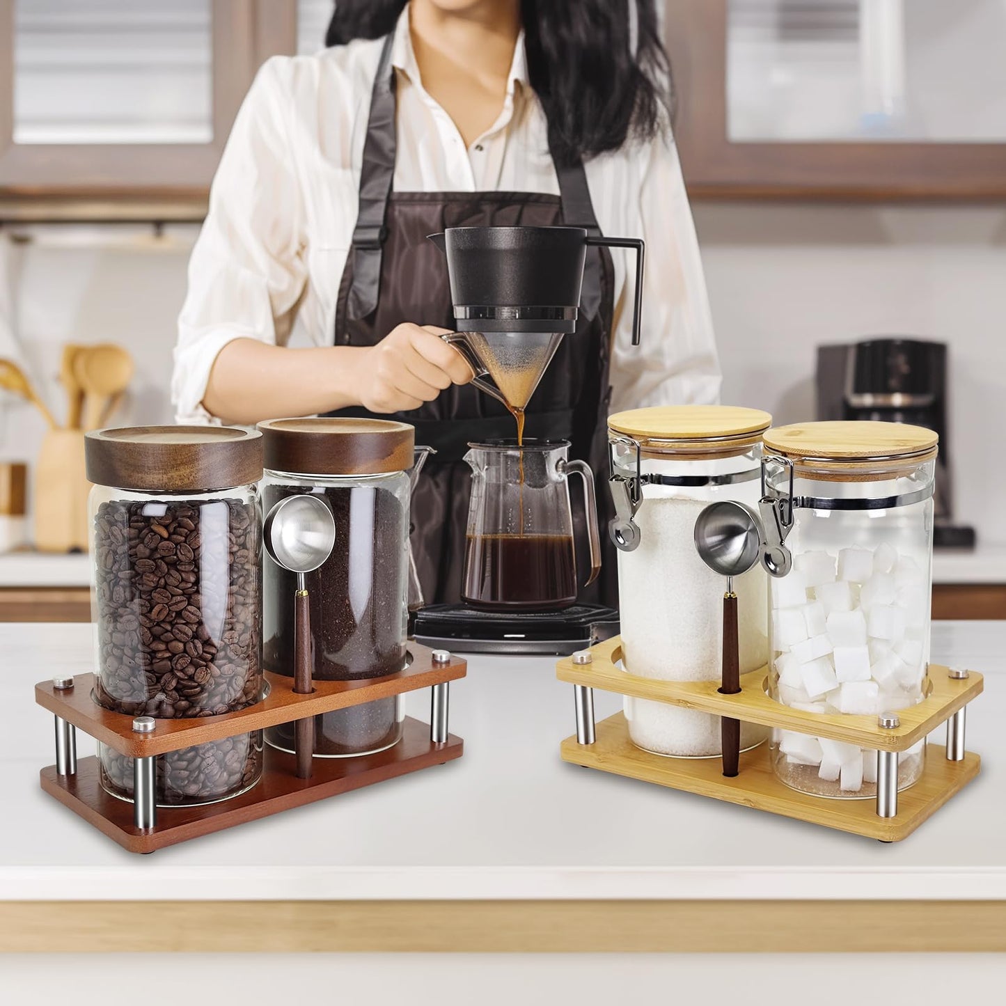 Venuekkuri Glass Coffee Grounds Container with Shelf, 2 × 45 oz Glass Coffee Canisters with Airtight Thread Lid, Storage Jars with Stainless Steel Spoon for Coffee Bean, Sugar,Nut