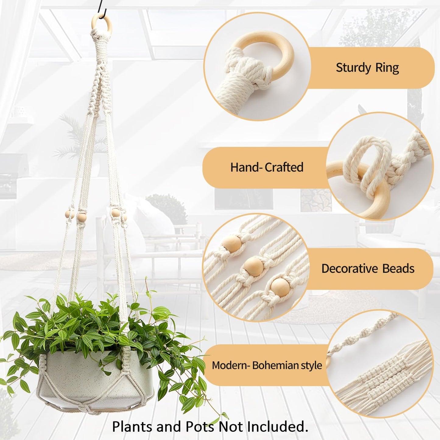 CADNLY Macrame Plant Hangers Indoor – Rope Hanging Plant Holder with Extender - Boho Hanging Planters Indoor - White Macrame Hanger Outdoor Flower Pot Holder from Ceiling Wall 3 Pack 6 Hooks