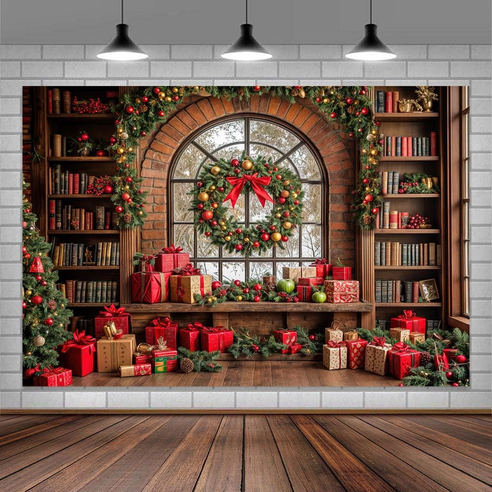 10X8ft Christmas Window Backdrop Green Xmas Pine Tree Gifts Background Winter Snow Scene Holiday Wonderland Snowflake Photography Background Forest Christmas Party Decoration Photo Studio Props