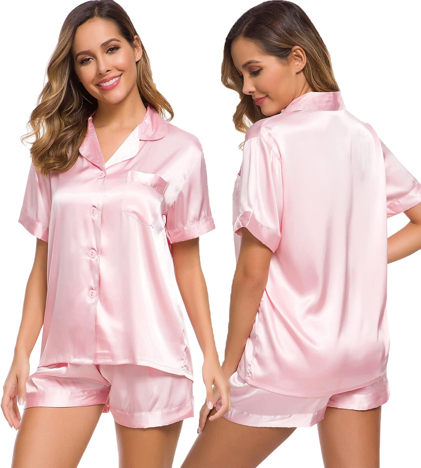 SWOMOG Womens Silk Satin Pajamas Set Short Sleeve Sleepwear Button Down Top and Shorts Loungewear 2 Piece Pjs Set XS-3XL