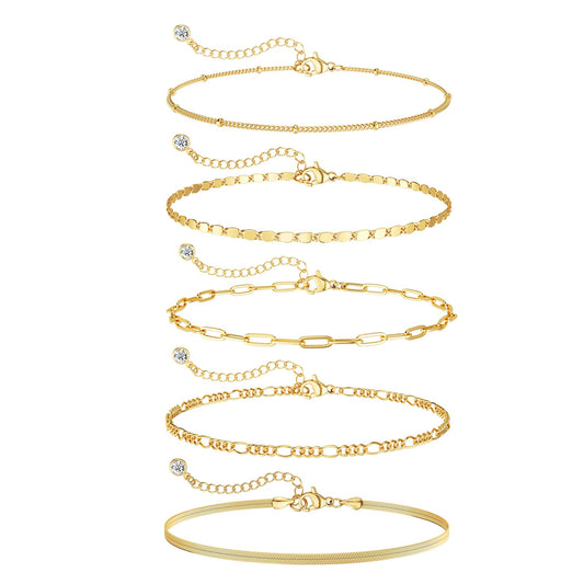 DEARMAY 14K Gold Plated Bracelets for Women Trendy Gold Jewelry Set for Women Cuban Link Chain Figaro Paperclip Rope Herringbone Bracelet Pack Gifts