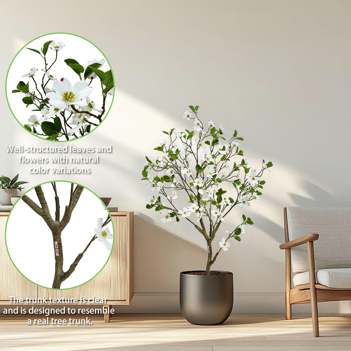 Artificial Dogwood Flower Tree 4ft, Faux Blooming Dogwood Tree with Realistic White Flowers, Potted Fake Tree for Home, Office, Living Room & Indoor Decor (4ft)