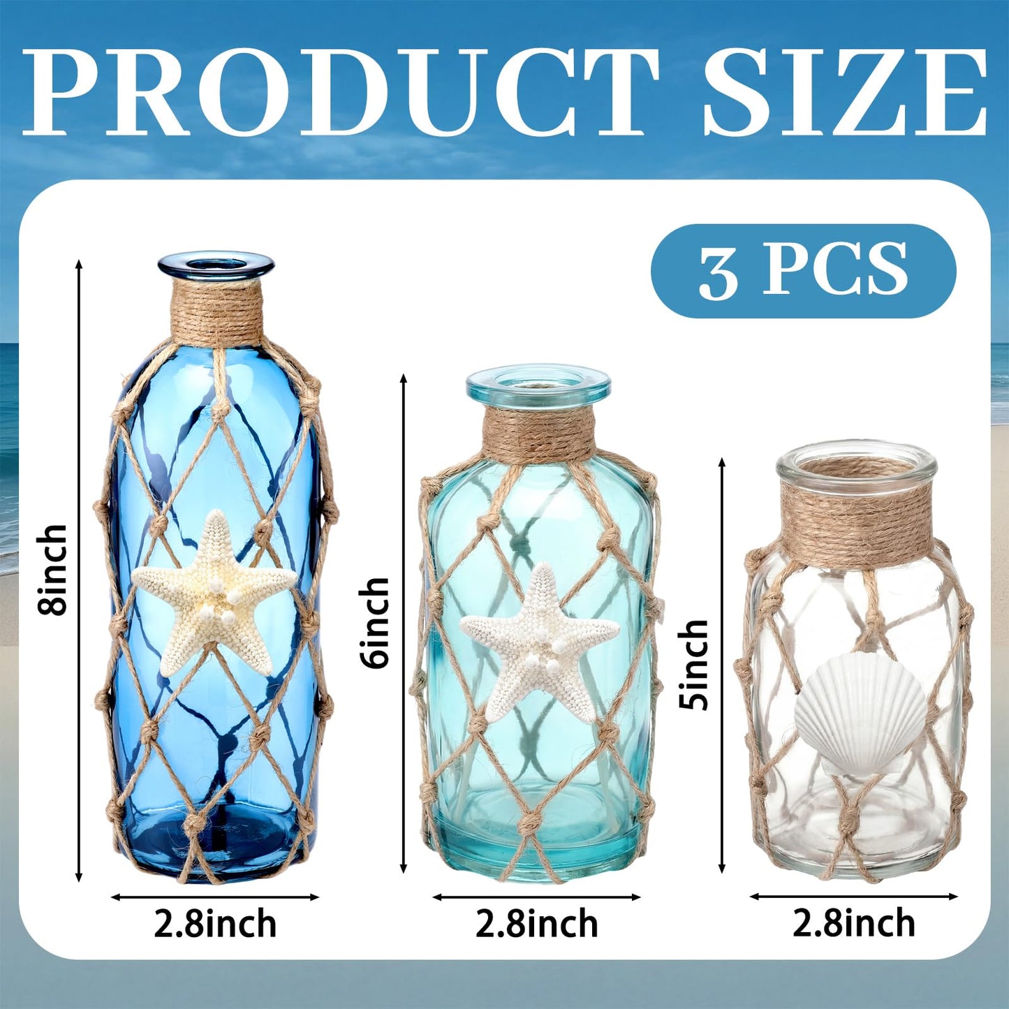 FoldTier Coastal Glass Vases Set of 3 Rustic Beach Vases for Flowers Natural Starfish Shell Jute Rope Sea Glass Bottle Farmhouse Nautical Home Decor for Table Mantel Shelf Living Room Kitchen Bathroom