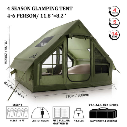9.8' x 7' Inflatable Tents for Camping 4-6 Person, 4 Season Blow Up Tent with Waterproof & Anti-Moisture Tarp, Luxury Inflatable Hot Tent with Stove Jack for Camping Outdoors