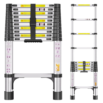Telescopic Ladder, 3.2M Stainless Steel Thickened High-Strength Loft Ladder, Portable Ladders Extendable with Non-Slip Feet Adjustable Height for Roof Attic Caravans