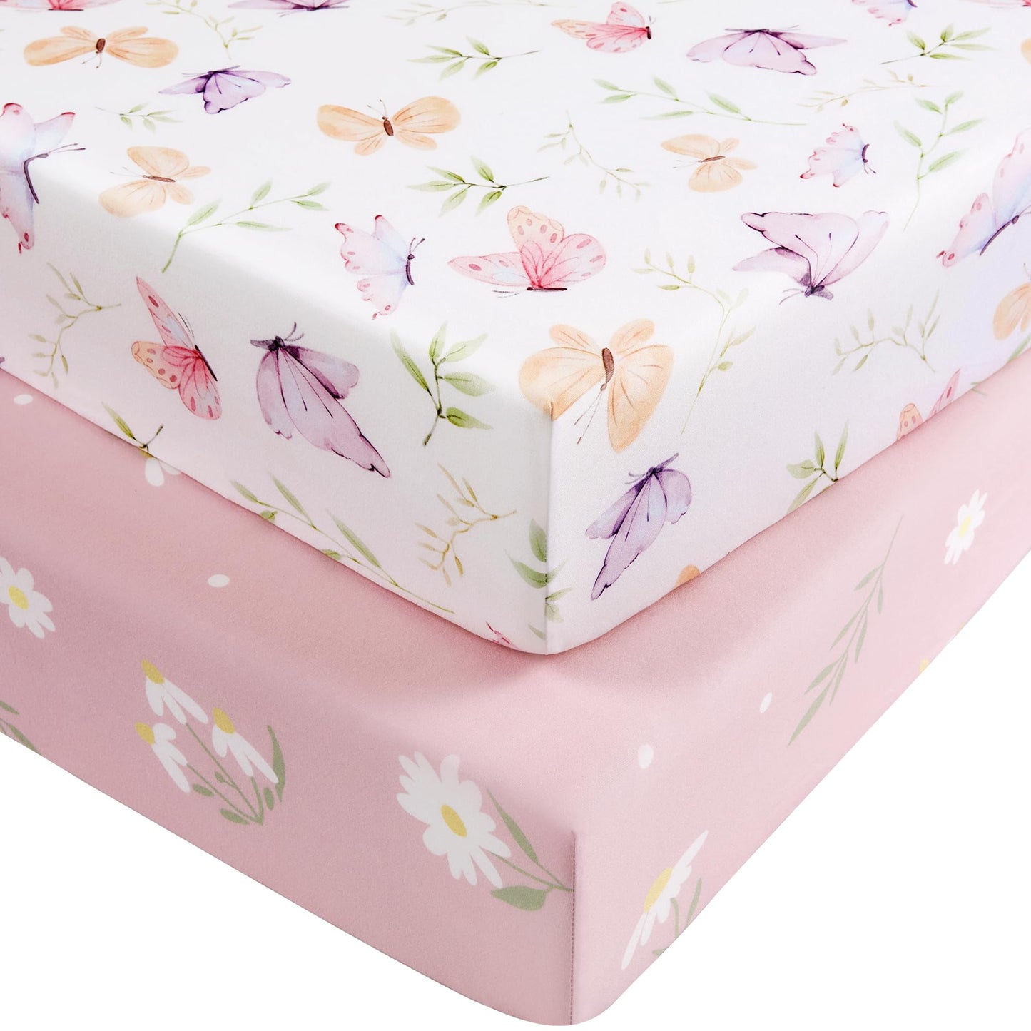 Nyessmee Baby Crib Sheets Girl, Fitted Crib Sheets 52" x 28", Soft Breathable Microfiber Sheets for Standard Crib and Toddler Mattress, 2-Pack Pink Butterfly