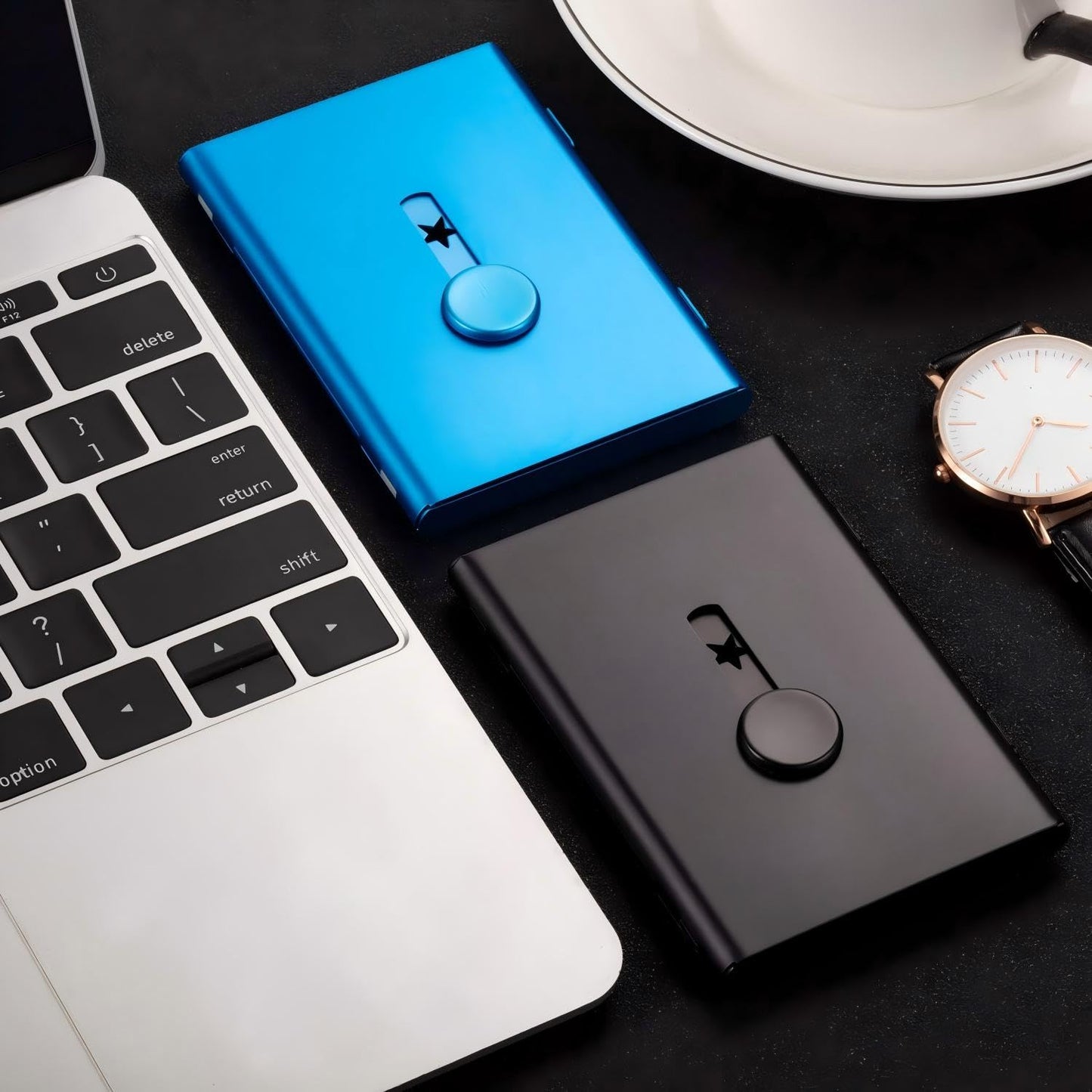 Tatuo 2 Pcs Black/blue 2 Pack Thumb Drive Business Card Holder Stainless Steel Business name Card Case Portable Slide Out name holder Wallet Nice Design pocket for Men and Women