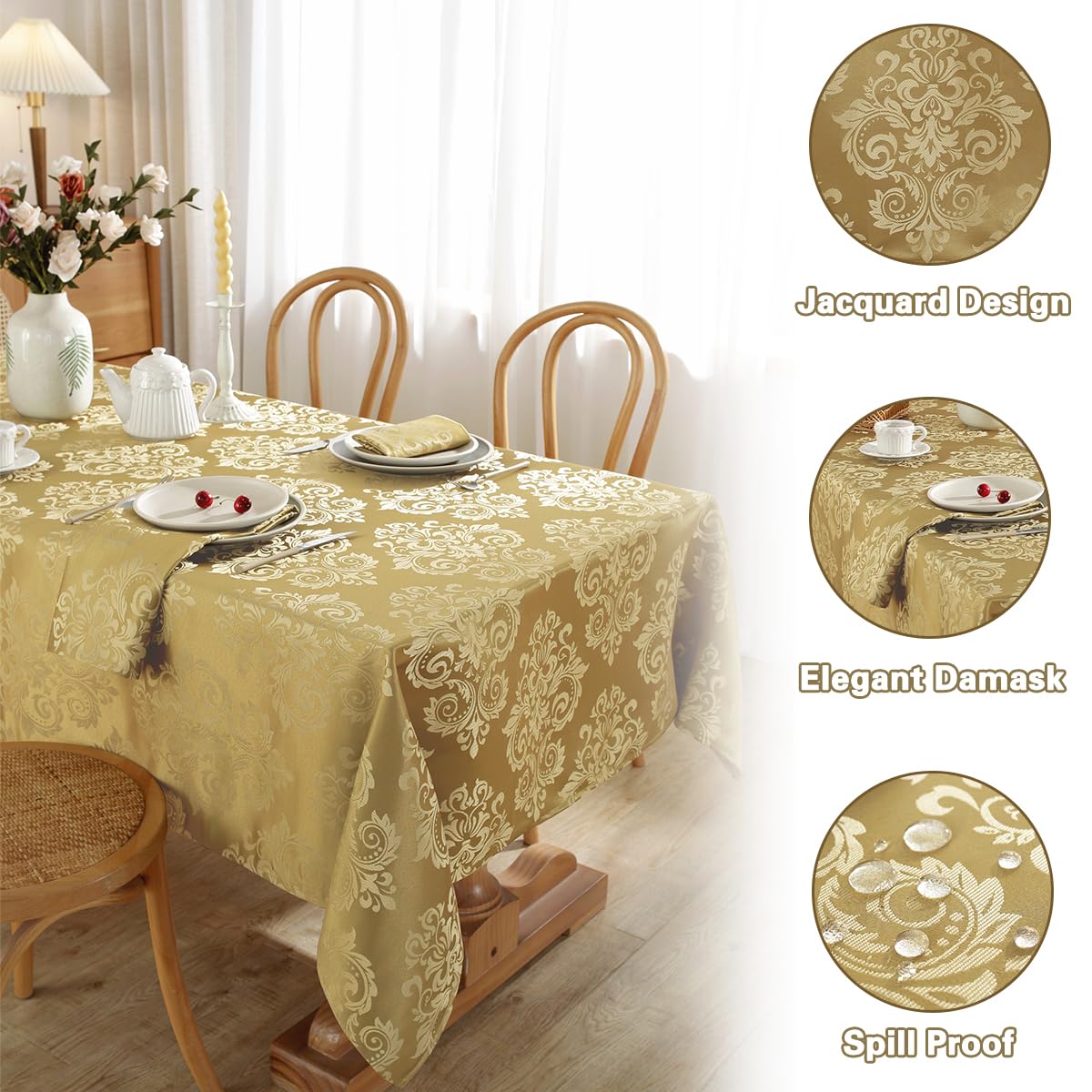 SASTYBALE Damask Gold Tablecloth for Rectangle Tables 60 x 120 Inch, Floral Jacquard Waterproof Stain Resistant Fabric Table Cloth, Polyester Table Cover for Dining/Party/Wedding/Indoor/Outdoor