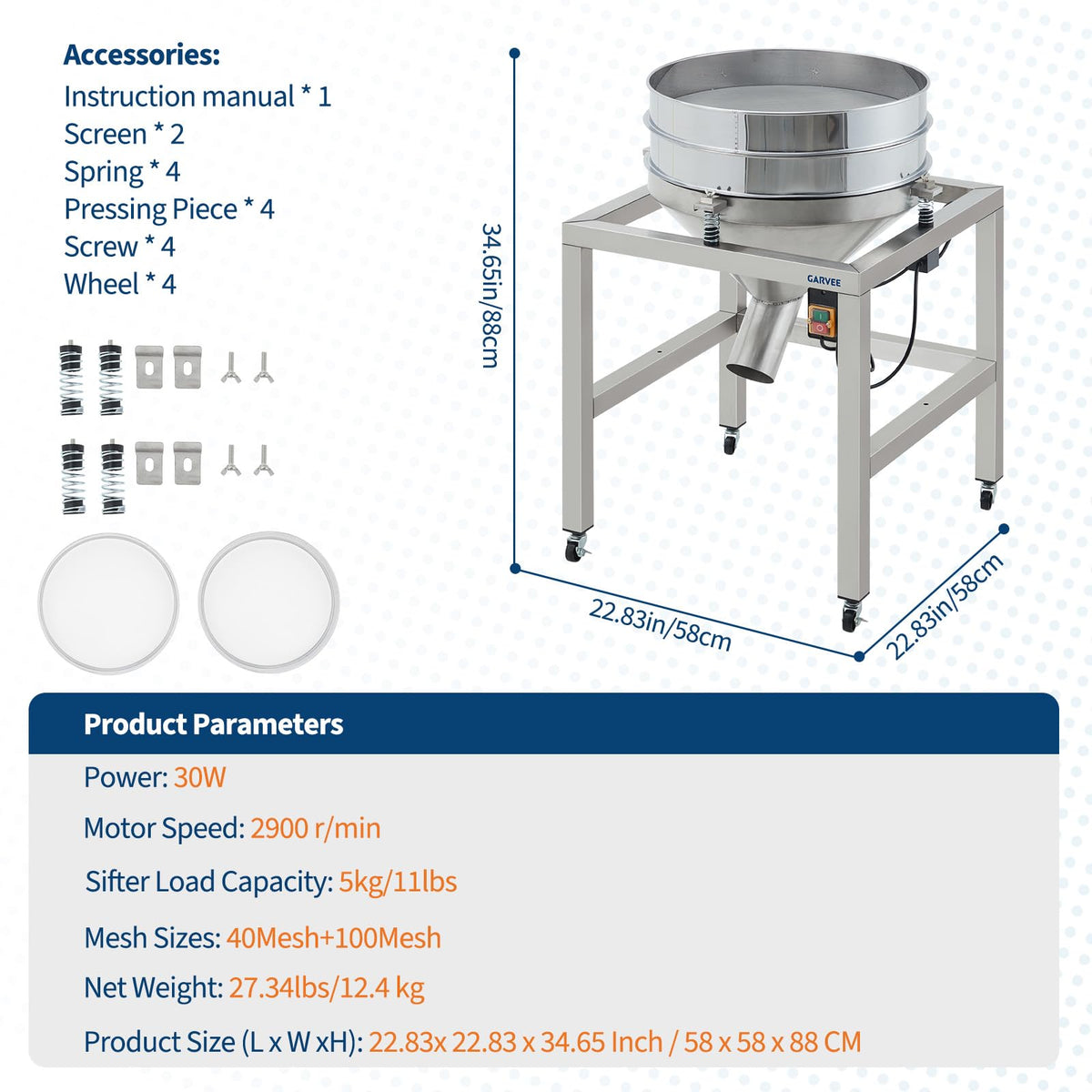 Commercial Automatic Electric Sifter Shaker Machine, Automatic Powder Sifter Machine with 40 Mesh & 100 Mesh Screens, Wheels, for Baking Powder Grain Particles Food Industrial Processing