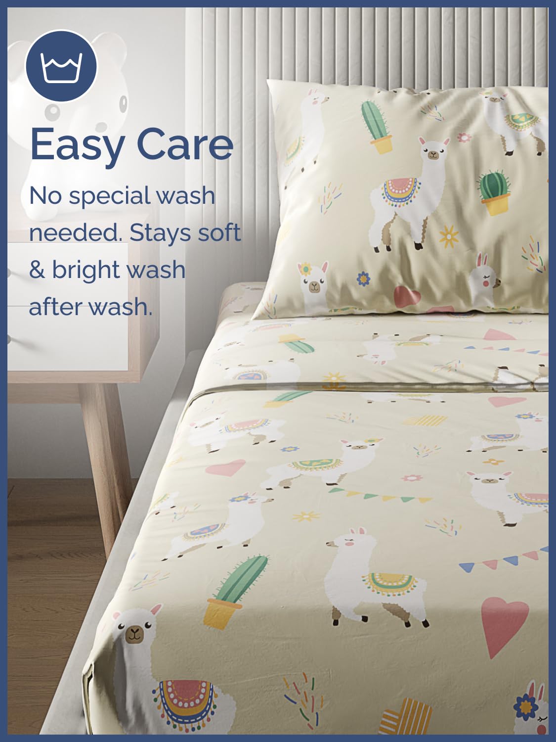 Kids Queen Size Bed Sheet Set - 4 Piece Kids Loft Bed Sheets - Llama Alpaca Cactus Themed Bedding - Soft, Cute - Breathable and Machine Washable - Cute Animal Bed Set for Boys, Girls, Teens & Toddlers