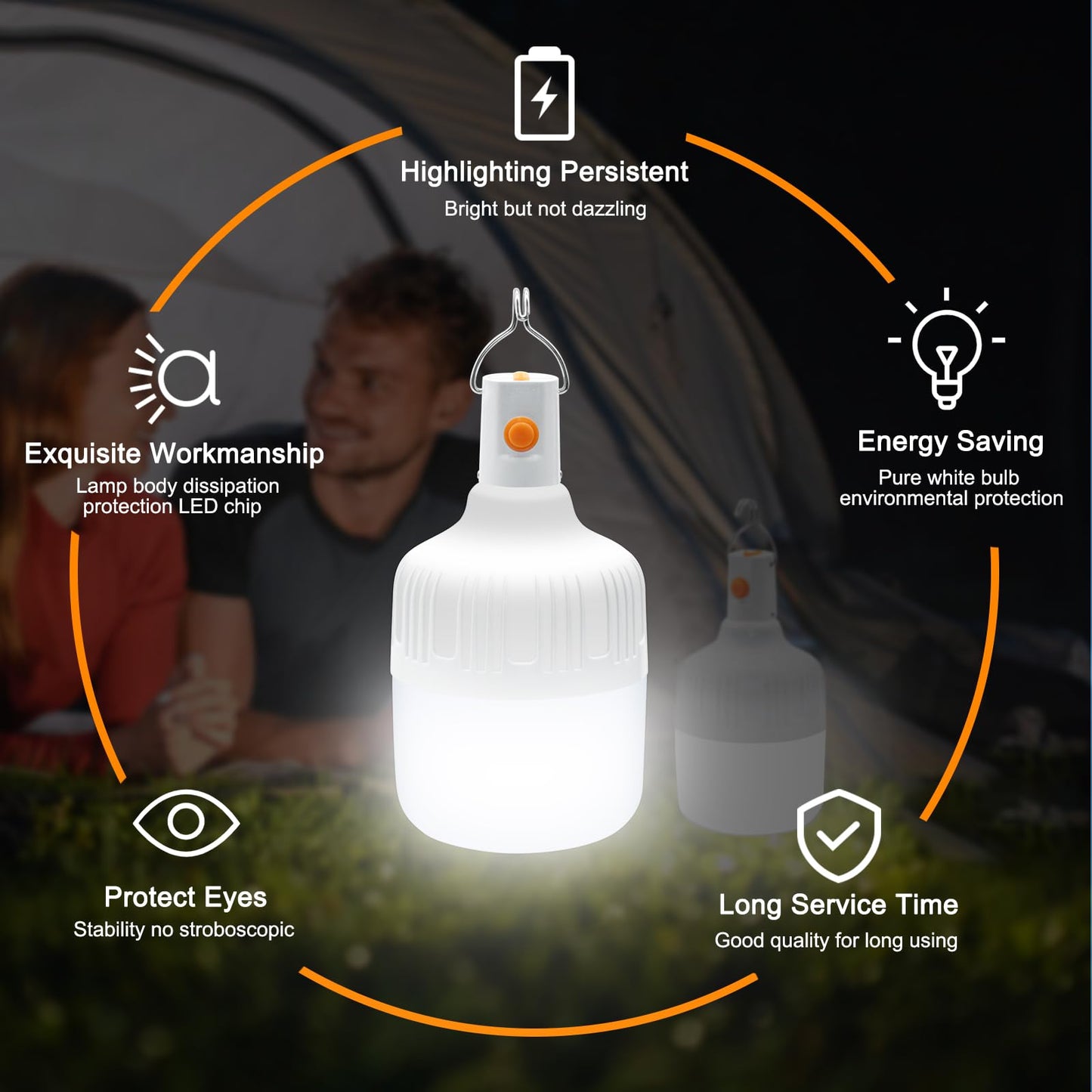 Ledeak 2 Pcs Camping Light, LED USB Rechargeable Camping Lantern Battery Powered Outdoor Tent Lamp with Hanging Hook, Dimmable 3 Modes Portable Light Bulb for Emergency Camping Patio Garden Gazebo
