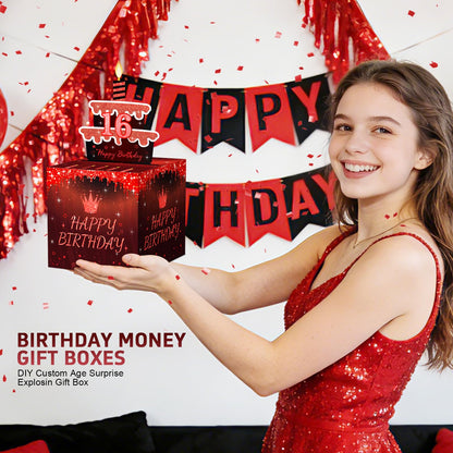 AOYOO Black Red Birthday Money Box for Cash Gift, Surprise Explosion Pop Up Gift Box with 0-9 Number Stickers for DIY Custom Age 18th 21st 30th 50th, Funny Cash Pull Party Supplies for Men Women