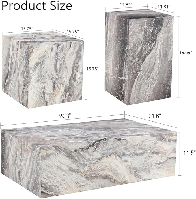 Coffee Table Set for 3, Living Room Table Set, Faux Marble Coffee Table and