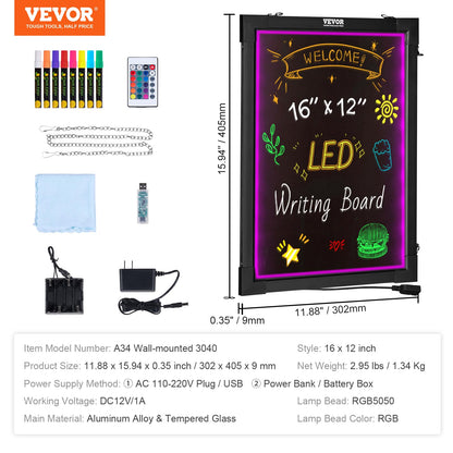 VEVOR 32"x24" LED Message Writing Board, Menu Sign Boards, Illuminated Erasable Lighted Chalkboard, Neon Effect Drawing Panel with 8 Fluorescent Chalk Markers and Remote Control