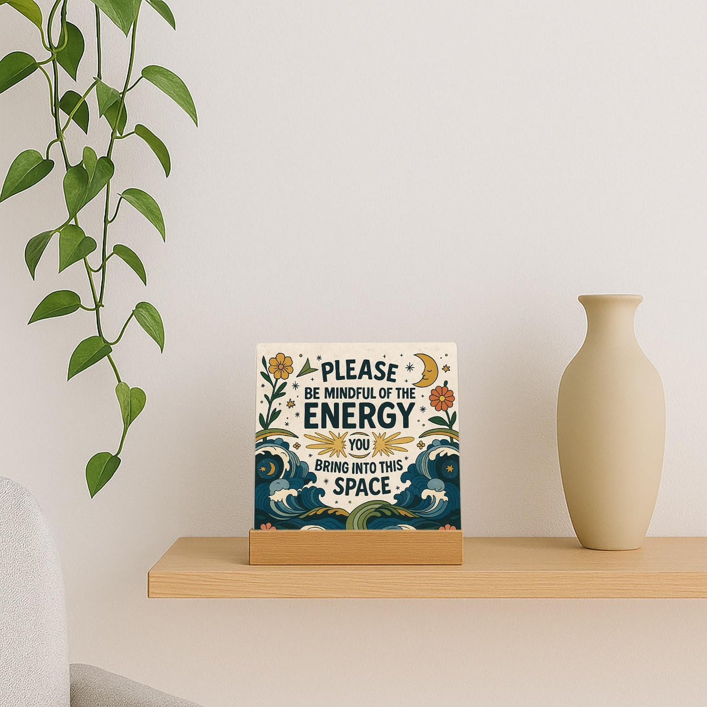 Meditation Room Spiritual Decor Positive Energy Desk Sign - Please Be Mindful of the Energy You Bring Into This Space Sign, Boho Decor for Home, Office, Yoga Room, Cafes